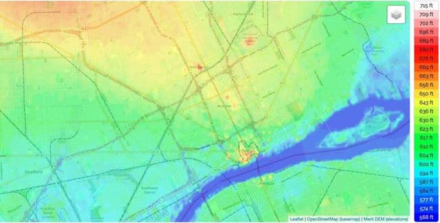 Detroit hoogtekaart